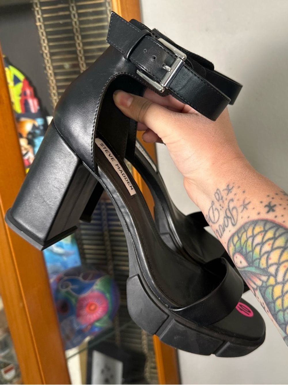 Steve Madden Black Chunky Platform Block Heel Sandals with Ankle Strap